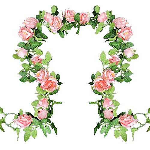 Paquete de 2 guirnaldas de flores artificiales en total de 14 pies, rosas rosas, plantas colgantes para el hogar, jardín, fiesta, ceremonia, boda, arco, decoración floral