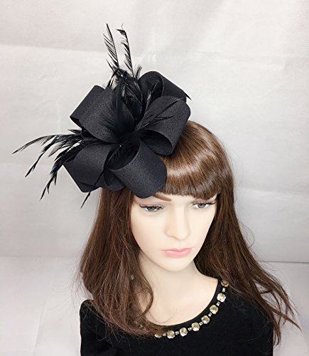 Ysjoy Elegant Satin Loop Flower Feather Fascinator Derby Hat Wedding Party Tea Party Hat Church Hair Aceessory Black #TOP1