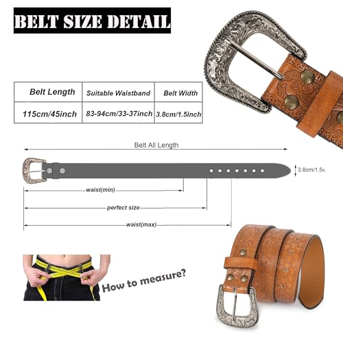 Vintage-Western-Belts with Carved-Buckle for Women,Adjustable Embossed-Floral Cowboy-Cowgirl-Belt Fit 28-38''Waist2