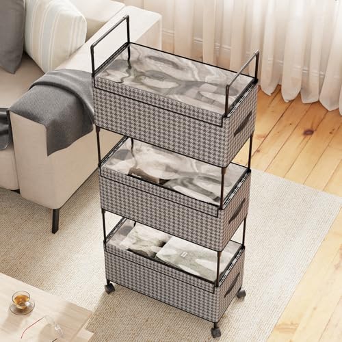 Image of Lukzer 3-Tier Clothes Organizer Basket with Wheels | Fabric Closet Storage Rack for Folded Clothes | Metal Rolling Wardrobe Shelf for Bedroom Closet & Laundry Room (Black & White /28x57x136 cm)