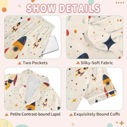 senya Cartoon Rocket A Satin Summer Pajama Sets Silk Short Sleeve Button Down Sleepwear3