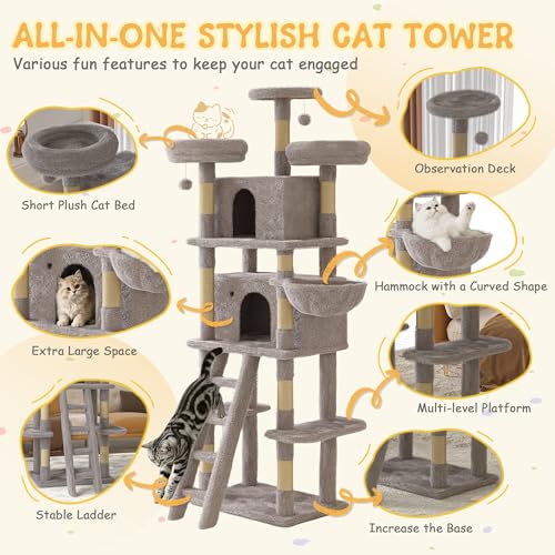 Image of Large Cat Tree, XL Multi-Level Cat Tower for Small & Large Cats with 2 Condos, 3 Perches & Hanging Hammock, Soft Plush Natural Sisal Scratching Posts, Stable for Multi-cat Families (Gray)