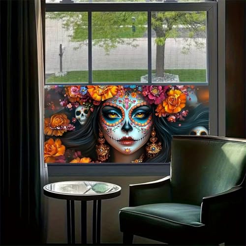 Película decorativa adhesiva para ventana diseño calavera floral miniatura 2