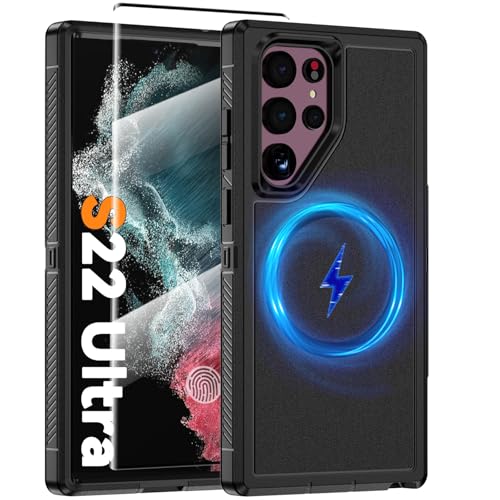 For Samsung Galaxy S22 Ultra Magnetic Case Compatible with Magsafe charging [Glass Screen Protector] [Dual Layer Military-Grade Protection] Heavy Duty Shockproof Cover for Samsung S22 Ultra Black