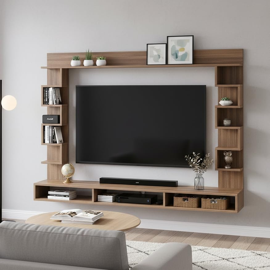 Image of FURNEASER Cabiar Wall Mount TV Unit for Living Room Wooden Entertainment Center with Storage Shelves Modern TV Panel Stand Showcase for up to 55 Inch Media Console Cabinet Exotic Teak