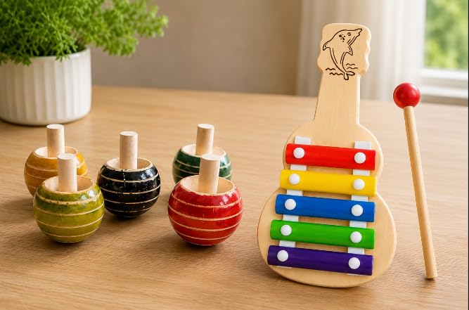 Wooden Xylophone Guitar and Spinning Tops Toy Set for Kids|2-in-1 Wooden Musical & Skill Toy Set – Rainbow Xylophone with Mallet and Colorful Spinning Tops-image-45