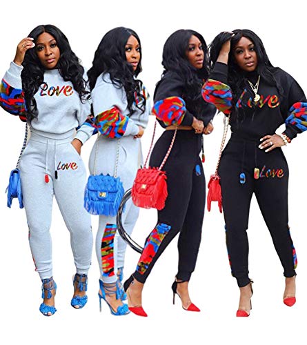 lexiart Women's Letter Print 2 Piece Outfits Camouflage Patchwork Long Sleeve Sweatshirt and Pants Set Sweatsuit Grey M