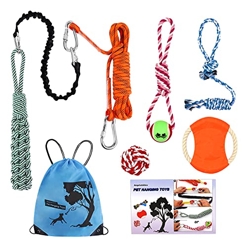 Spring Pole for Dog,Christmas Dog Toys Hanging Bungee Dog Tie Out Tug Toys Exercise Interactive Elastic Webbing Flying Disk Dog Ball Toys Rope Pull Camping Outdoor