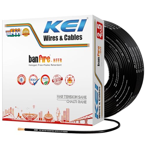 Image of KEI BANFIRE- HFFR 2.5 sqmm 1 Core 99.97% Pure Copper Conductor Heat Resistant Flame Retardant Low Smoke & Halogen - Lead Less House Wire for Domestic & Industrial Electrical Wiring (Black,90 Meters)