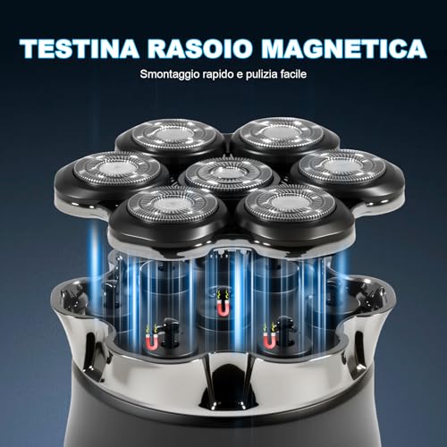 CareHabi Rasoio Testa Calva Uomo, 7 Testine Magnetiche, IPX6, USB-C | Rasatura a secco o con schiuma, batteria da 1200 mAh, ricarica in 2 ore, display LED e blocco viaggio di 3 secondi - Immagine 2