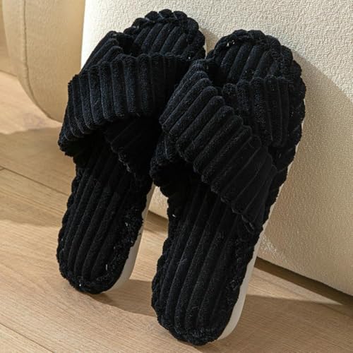 Image of SILENCIO Slippers for Women House Bedroom Furry Cross Bands Slide Shoes Anti-Skid Sole Open Toe Slippers Indoor & Outdoor