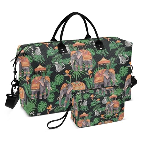 Elephant Lemur Leaves Travel Duffel Bag for Men Women with Makeup Bag Weekend Overnight Carry On Bags for Travel Yoga Gym