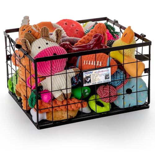 Mlanka Dog Toy Basket Dog Toy Storage Bin for Pet Medium Toy Box for Dogs Metal Storage Box with Handles Toy Organizer Holder Boxes for Living Room (Black)
