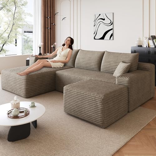 Image of 95 inch Modular Sectional Sofa with Ottoman, Modern Corduroy Cloud Couch with Deep Seat, Boneless Couch Upholstered 3-Seater U-Shaped Sofa for Living Room, No Assembly (Camel,Right-Facing Chaise)