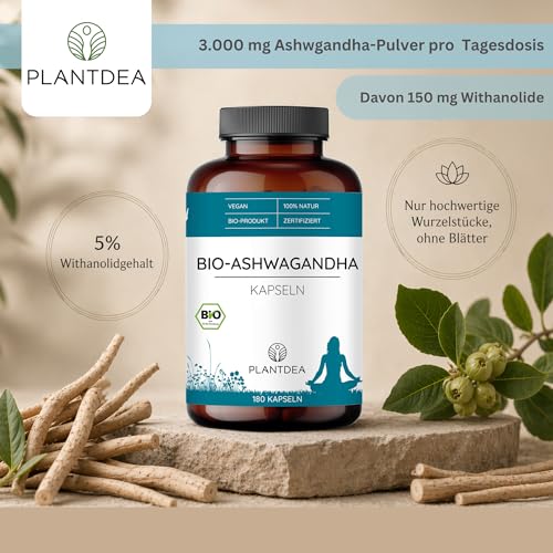 Foto von Bio Ashwagandha Kapseln - 3000mg Ashwagandha-Pulver in nur 6 Kapseln täglich - 180 vegane Kapseln - vegan - Bio zertifiziert - Glutenfrei - PlantDEA