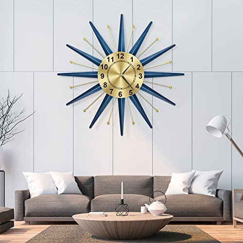 Toktekk 24 Inch Mid Century Starburst Wall Clock, Battery Operated Large Metal Decorative Wall Clock, Modern Silent Wall Clock For Living Room Bedroom Kitchen Decor(Blue) #TOP5
