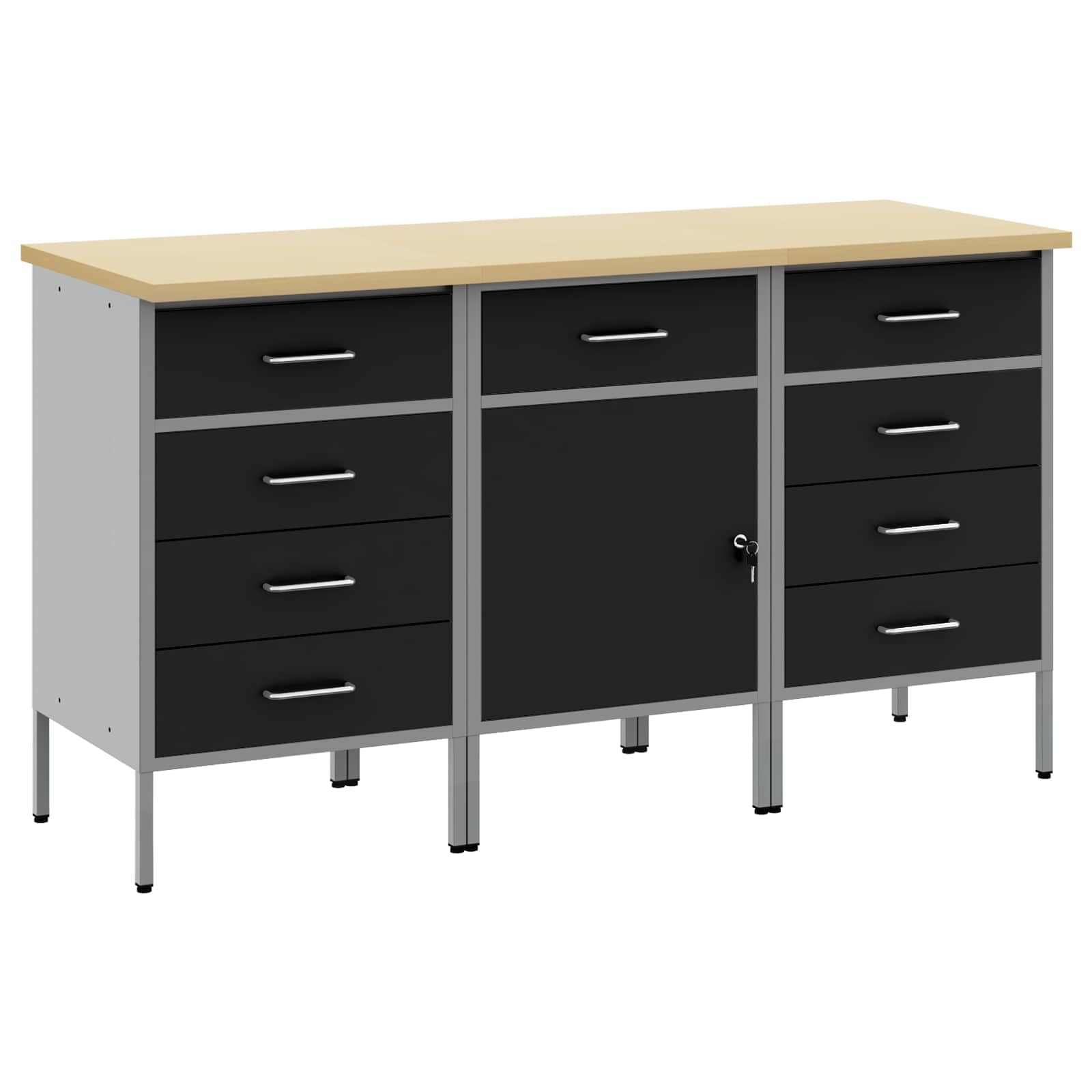 Moderno armadio da officina con cassetti, 3 pezzi, 150 x 55 x 85 cm, banco da lavoro in nero e grigio, robusta struttura in acciaio e legno con scomparti versatili e ripiani per attrezzi