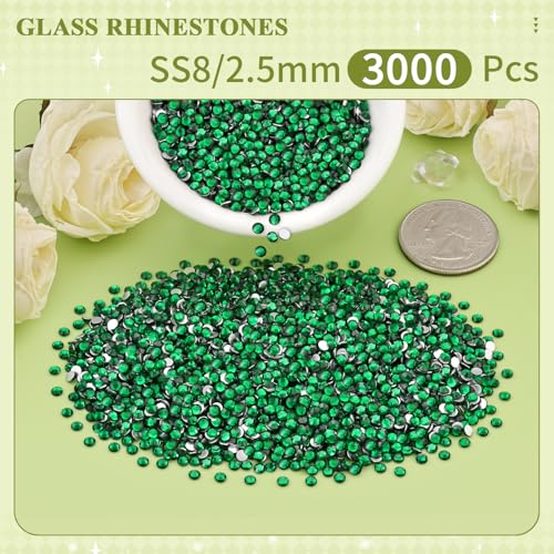 Image of 3000PCS SS8 /2.5mm Crystal Glass Rhinestones for Bedazzling (Emerald Green) | Flatback Rhinestones for Crafting DIY Nail Art Makeup Decoration, Gems Diomand Charms for Tumbler Shoes Clothing Mug