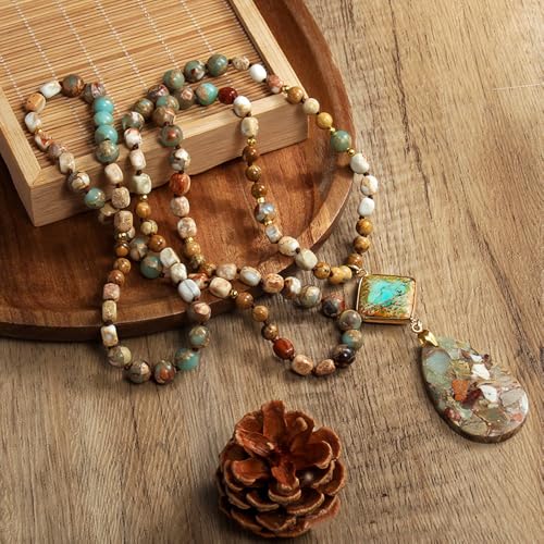 Yomisa Boho Necklaces for Women Men Long,33/34/35 Inch Natural Turquoise Tiger Eye Beaded Stone Pendant Necklaces for Women Trendy,Handmade Bohemian Western Bead Necklace Fashion Charm Jewelry Gift3