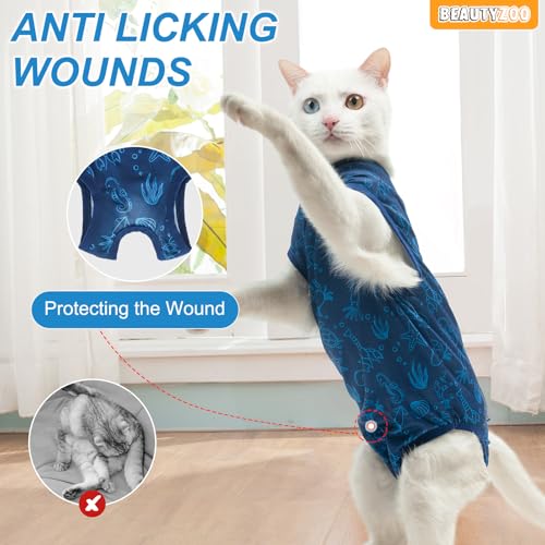 Image of BEAUTYZOO Cat Surgery Recovery Suit, Female Spay, Male Neuter, 2 Pack | Onesie for Cats After Surgery, Anti Licking Wounds, Cone of Shame Alternative, Surgical Recovery Anxiety Vest, Blue Ocean M