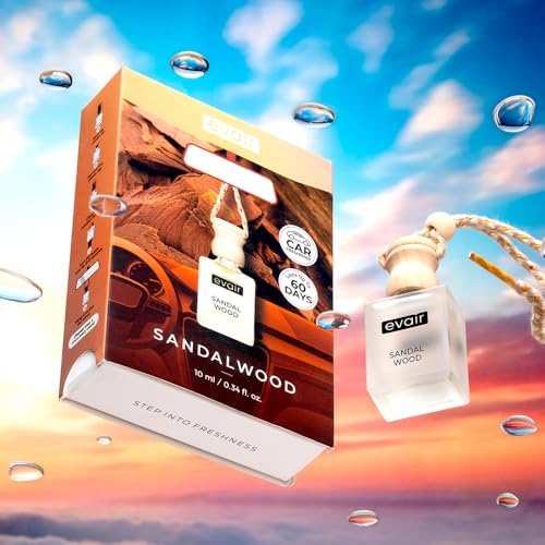 Image of Evair Sandalwood Car Air Freshener | Hanging Car Perfume with Essential Oils | Long-Lasting Aroma in Glass Bottle with Wooden Diffuser Lid | 10ml Hanging Car Scent (Pack of 1)