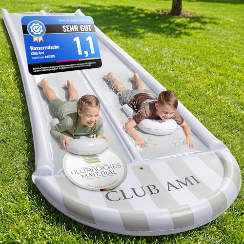 CLUB AMI Wasserrutsche Garten für Kinder | reißfestes Premium-PVC-Material | inkl. 2 Bodyboards | Doppel-Bahn mit Sprinkler | 580x153 cm