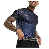 Mens Gay Mesh Shirts,See Through Hot Summer Club Wear Lightweight Friday Night Party Nightclub Top with Sequins,Short Sleeve Round Neck Breathable Black Shirt for Men(Dark Blue,Large)