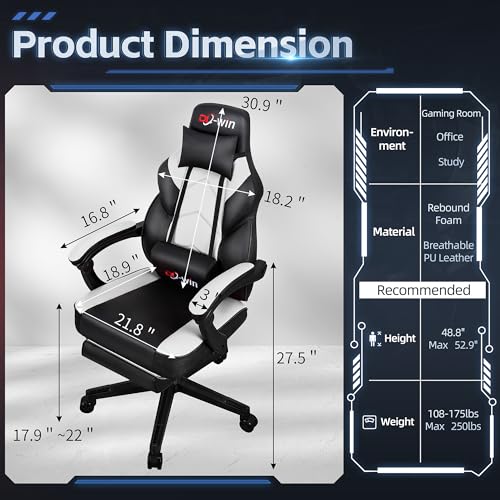 Image of DL-win Video Gaming Chair for Adults, Computer Chair with Footrest and Ergonomic High Back, Big and Tall Gamer Chair with Massage Lumbar Support, 360 Swivel Height Adjustable Computer Chair, White