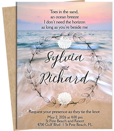 Seashell Custom Wedding Invitations Sandy Beach Invite Set of 15 Glossy Watercolor Cards With Kraft or White Envelopes