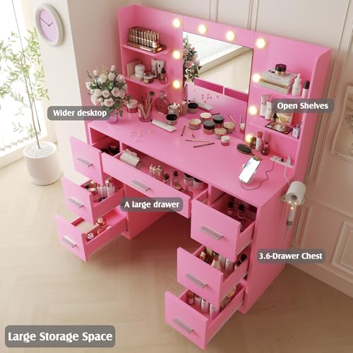 Image of YESHOMY Vanity Desk with Mirror, Power Outlet and 10 Lights, Makeup Table with 7 Drawers, 3 Color Modes Available for Bedroom, Light Pink