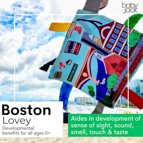 Image of Baby Jack & Co 8x8 inch Learning Lovey Boston Massachusetts Tag Toys for Babies - Baby Crinkle Toys - Soft & Safe - Learn USA Cities and Shapes - Ideal Baby Toy & Gift BPA Free w /Stroller Clip