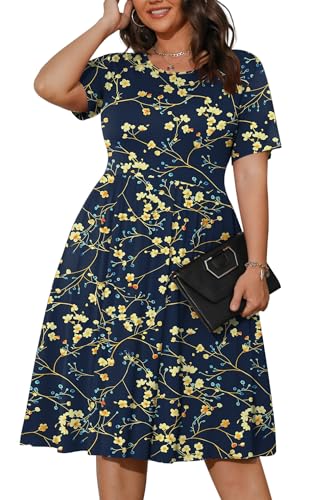 Image of POSESHE Womens Plus Size Summer Dress 2026 Casual Short Sleeve Empire Waist Loose Fit Swing T-Shirt Dress with Pockets