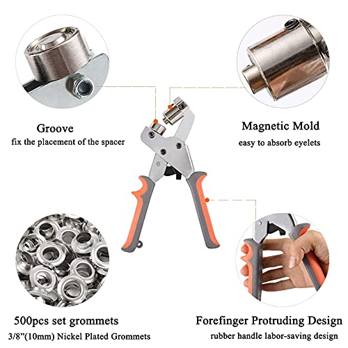 Bizoepro Grommet Tool Kit, 3/8 Inch Eyelet Kit Press Pliers (10Mm) Punch Hole Maker Manual Handheld Machine With 500Pcs Silver Grommets #TOP2