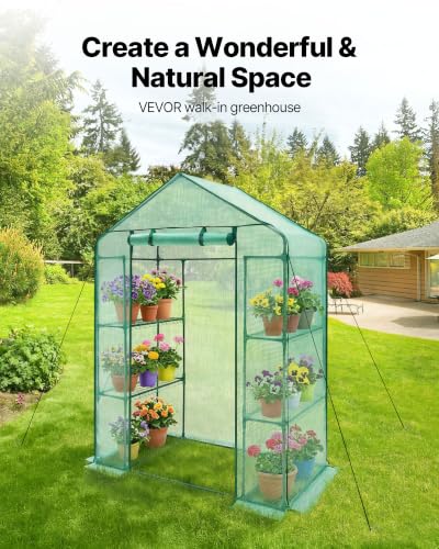 Image of VEVOR Walk-in Greenhouse, 55.5 inch x 28.3 inch x 78.7 inch Greenhouse for Outdoors with PE Cover, 2 Tiers 4 Shelves, Roll-Up Zipper Door, Walk in Green House, Portable Plant Garden Hot House for Backyard Outside