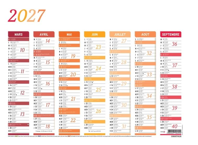 OBERTHUR Calendrier Mural Scolaire 27 x 21 cm Août 2026 Septembre 2027