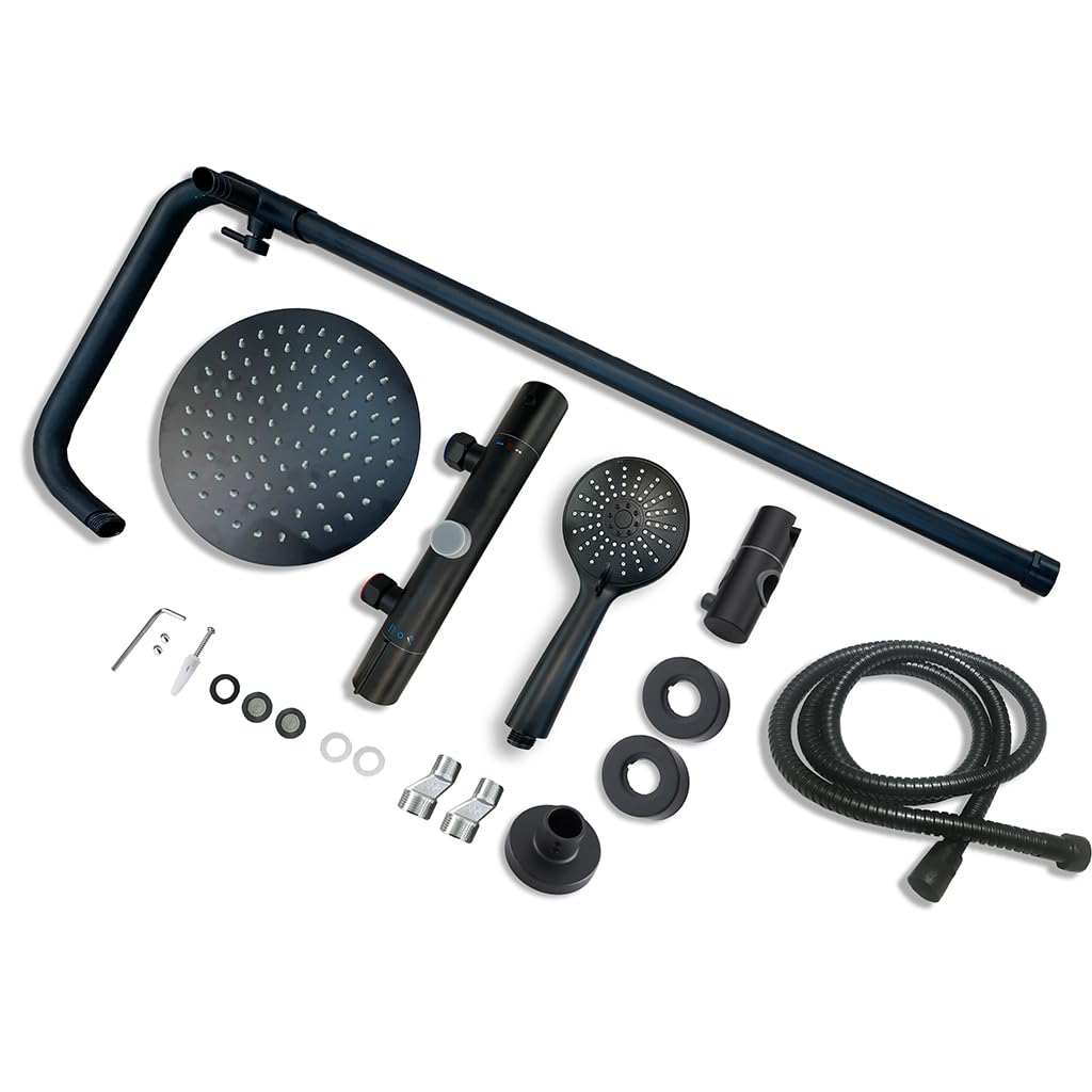 Colonna Doccia, AICA ITALY, Miscelatore Doccia Idromassaggio Termostatico, Gruppo Doccia Completo di Soffione Acciaio Inox da 20cm e Doccetta a 3 Getti, Asta Doccia Regolabile 73-117cm, Nero