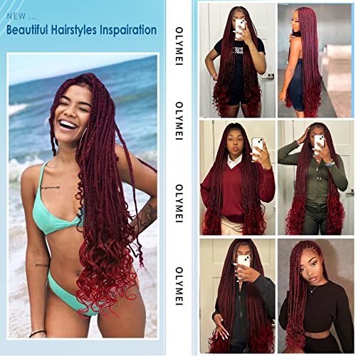Olymei 38 Inches Full Double Lace Front Knotless Box Braided Wigs With Baby Hair For Women Super Long Braids Wig With Curls Ends Lace Frontal Braid Synthetic Wigs(Burgundy) #TOP6