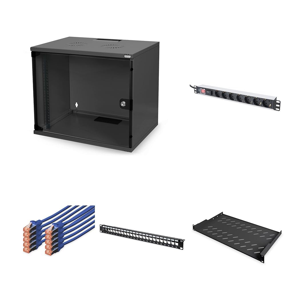 DIGITUS Set: Kit 19 Pouces - Armoire réseau 7 UH Noir - Tablette - Bâti de Prises - Panneau de Brassage Cat6A & modules Keystone - Câble réseau Cat6