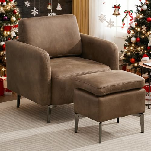 FriFurne Accent Chair with Ottoman Mid Century Modern Chair with Footrest Reading Chair with Ottoman Upholstered Leather Armchair with Metal Legs Single Sofa Chair for Living Room Bedroom, Brown