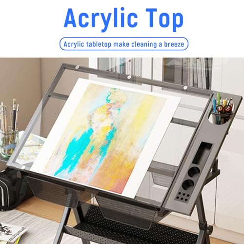 Artist Drafting Table with Stool Acrylic Drawing Work Surface 0°-50° Tilted, Adjustable Height, Study Workstation for Reading, Writing, Crafting, Painting Art (Black 2*Side Tray)
