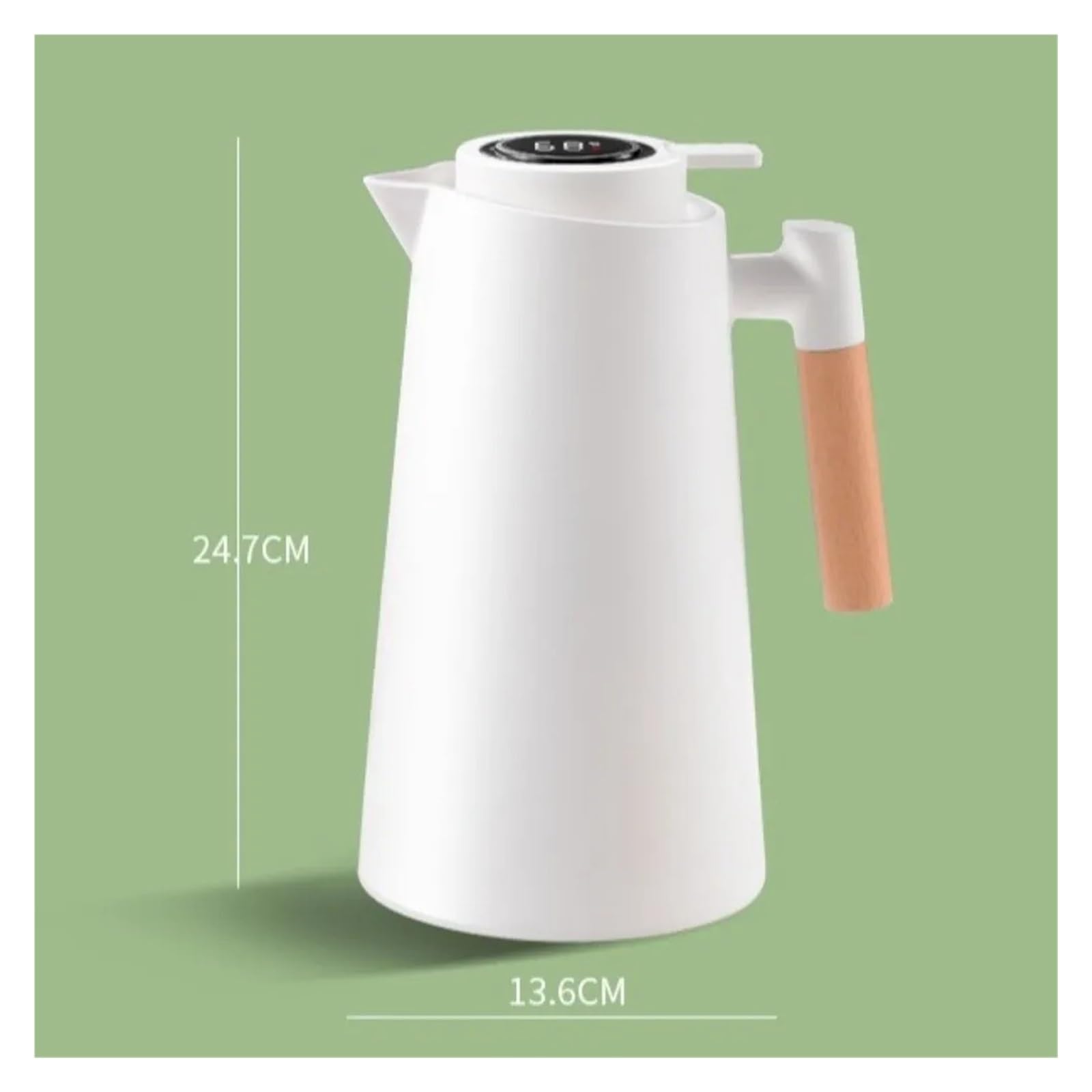 Termo de vacío 1 litro con indicador temperatura y mango madera | Frasco de vacío con pantalla de temperatura,(White)