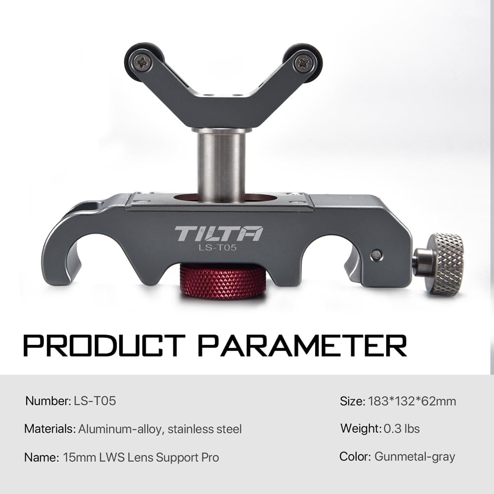 Tilta 15mm LWS Lens Support Pro | Mounts to Any 15mm LWS Rod System | Compatible with Most Lenses | Adjustable Tension Knob | Heavy Duty