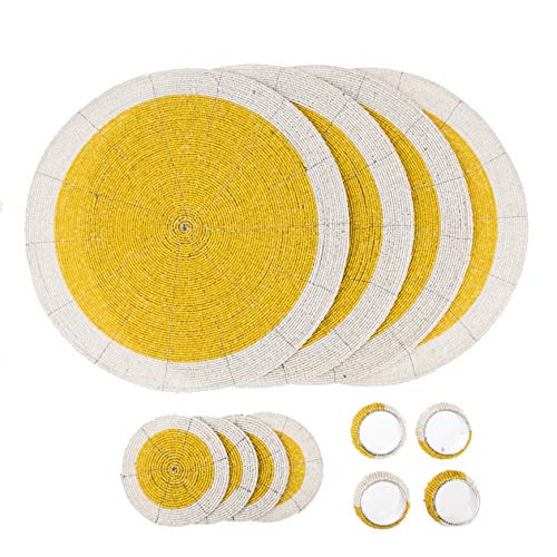 Penguin Home Handcrafted Glass Beaded Round Placemats, Coasters & Napkin Rings Set of 12