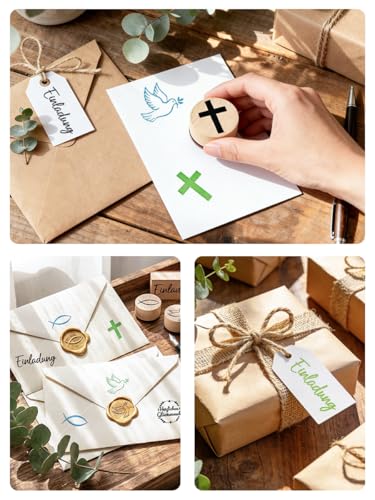 8-teiliges Stempelset für Einladung Taufe Kommunion Konfirmation & Firmung, 5 Holzstempel mit 3 Stempelkissen für Einladungskarten Scrapbooking & Geschenke zur Taufe Kommunion Konfirmation Firmung