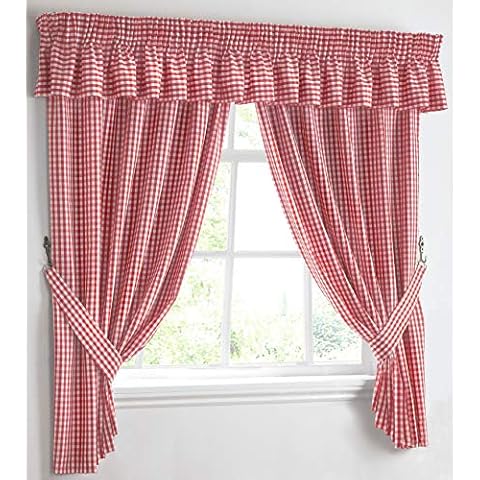 Kitchen Curtains Gingham Check Pink/Red 46"x42" 100% Cotton with Free Tiebacks Cover