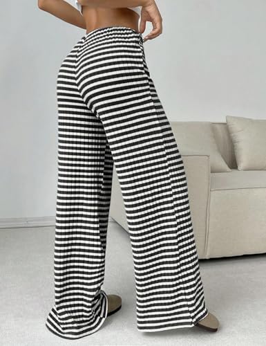 Yimoon Women's Striped Pants Wide Leg Pants Y2K Casual Drawstring Lounge Pants Elastic Waist Knit Baggy Sweatpants2