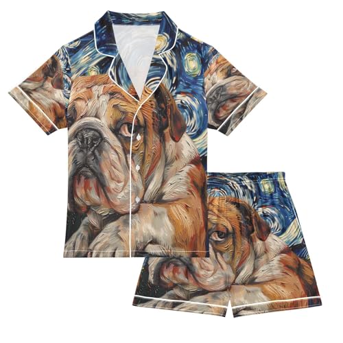 ALAZA Van Gogh Starry Sky Bulldog Satin Pajamas Set Short Sleeve Button Down Sleepwear Summer Pjs 2 Piece