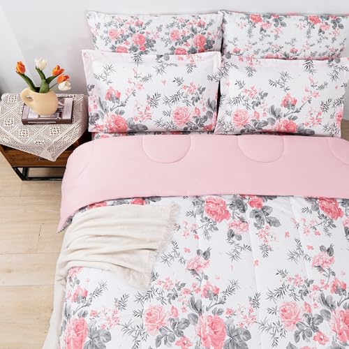 Image of lasoftan Floral King Comforter Set with Sheets, 7 piece Luxury Vintage Bedding, Soft Microfiber Bed in a Bag, Cozy Lightweight Bed Set, Pink Flower Grey Leaf