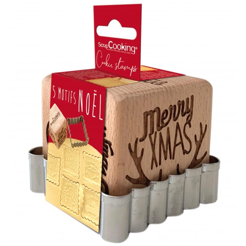 SCRAP COOKING 5138 - Sello para repostería de madera con motivos navideños, 1 cortador, cortador de galletas y cubos Xmas con 5 caras grabadas en relief-molde decoración