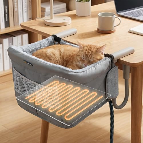 Veehoo Heated Cat Beds for Indoor Cats and Small Dogs, Ultra Soft & Cozy Sleeping Cat Desk Bed Machine Washable, Comfort Electric Thermal Cats Warming Bed with Heating Pad